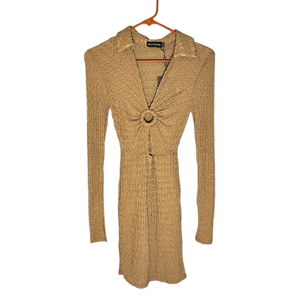 Pretty Little Thing NWT Women's‎ Texture Wood Ring Keyhole Bodycon Dress 4 Taupe
